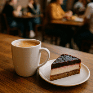 A steaming mug of coffee served with a slice of berry cheesecake on a wooden café table, with people chatting in the background.