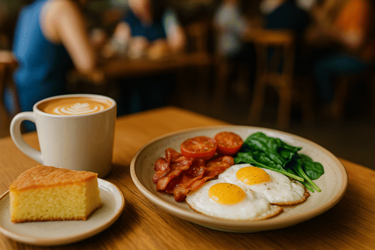 Beautiful café breakfast table with coffee, croissants, and avocado toast in an outdoor setting with leafy greenery.