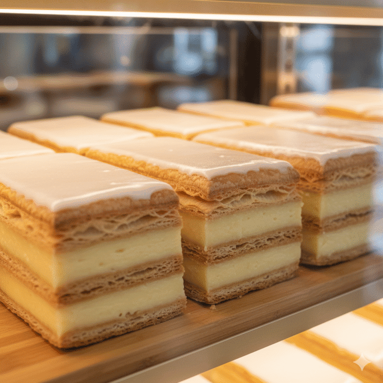 Rows of vanilla slices with layers of puff pastry, creamy custard, and glossy icing on display in a bakery cabinet.