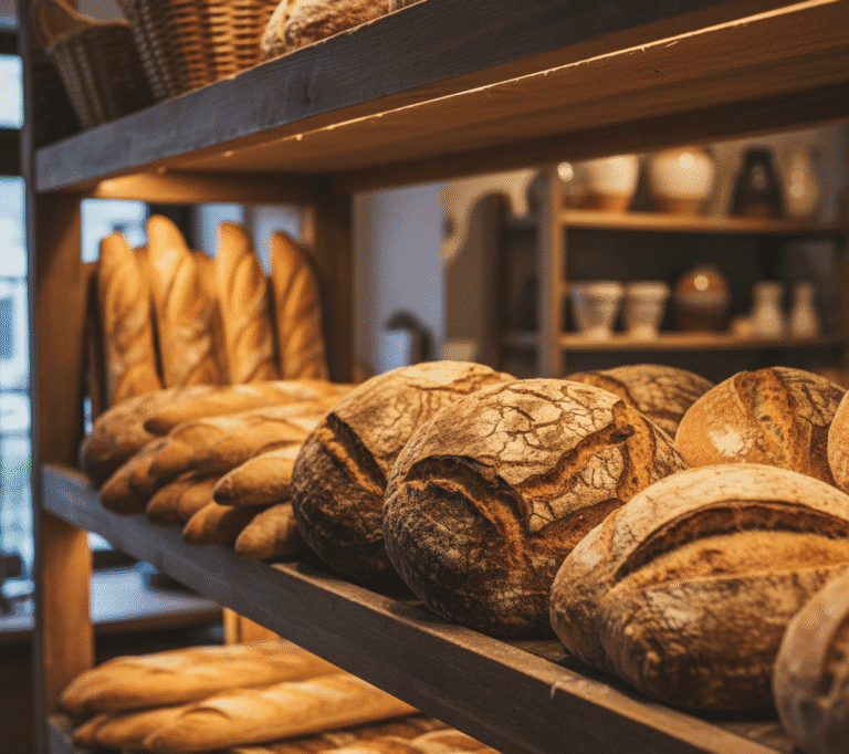 Rows of sourdough and baguette loaves stacked on wooden shelves inside a rustic bakery.