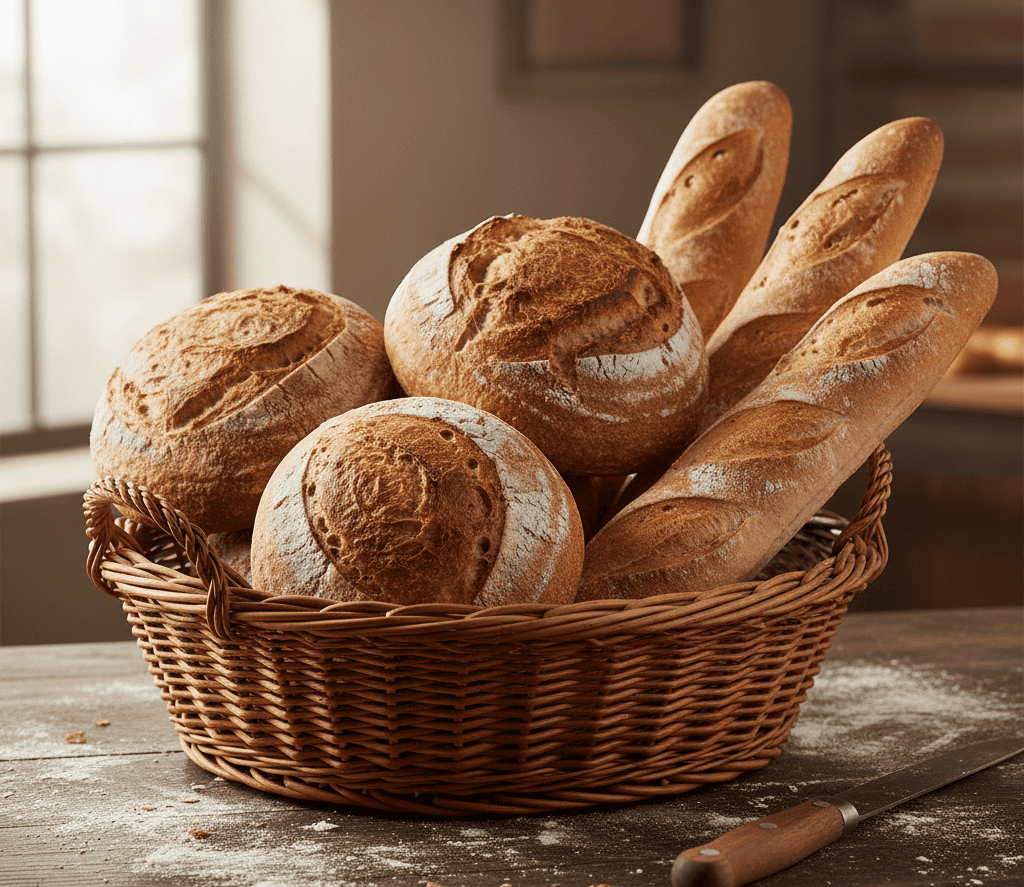 Margaret River bakery road trip with A wicker basket filled with round sourdough loaves and crisp baguettes dusted with flour, placed on a wooden table.