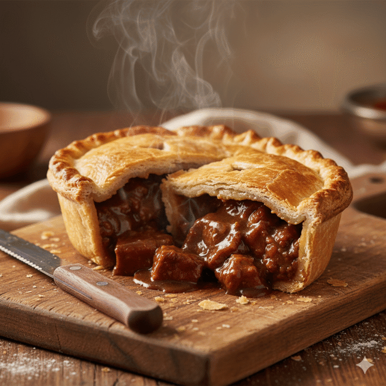 Golden-brown meat pie on a ceramic plate, flaky crust steaming on a rustic wooden table in Dunsborough bakery.