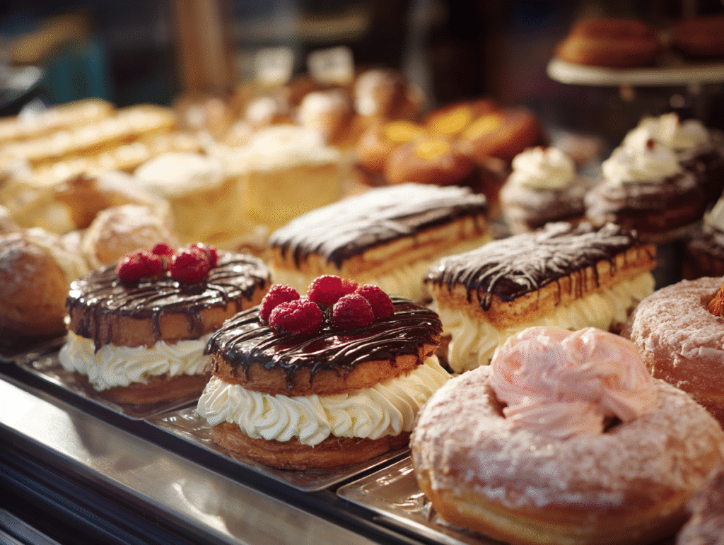 A bakery display cabinet filled with assorted cakes, vanilla slices, doughnuts, and cream-filled pastries topped with chocolate and fruit.