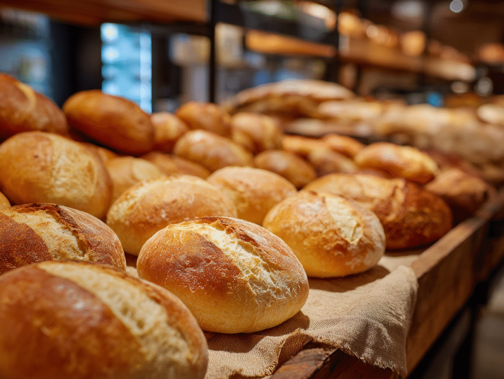 Golden brown bread rolls on display in a bakery, arranged neatly in rows.