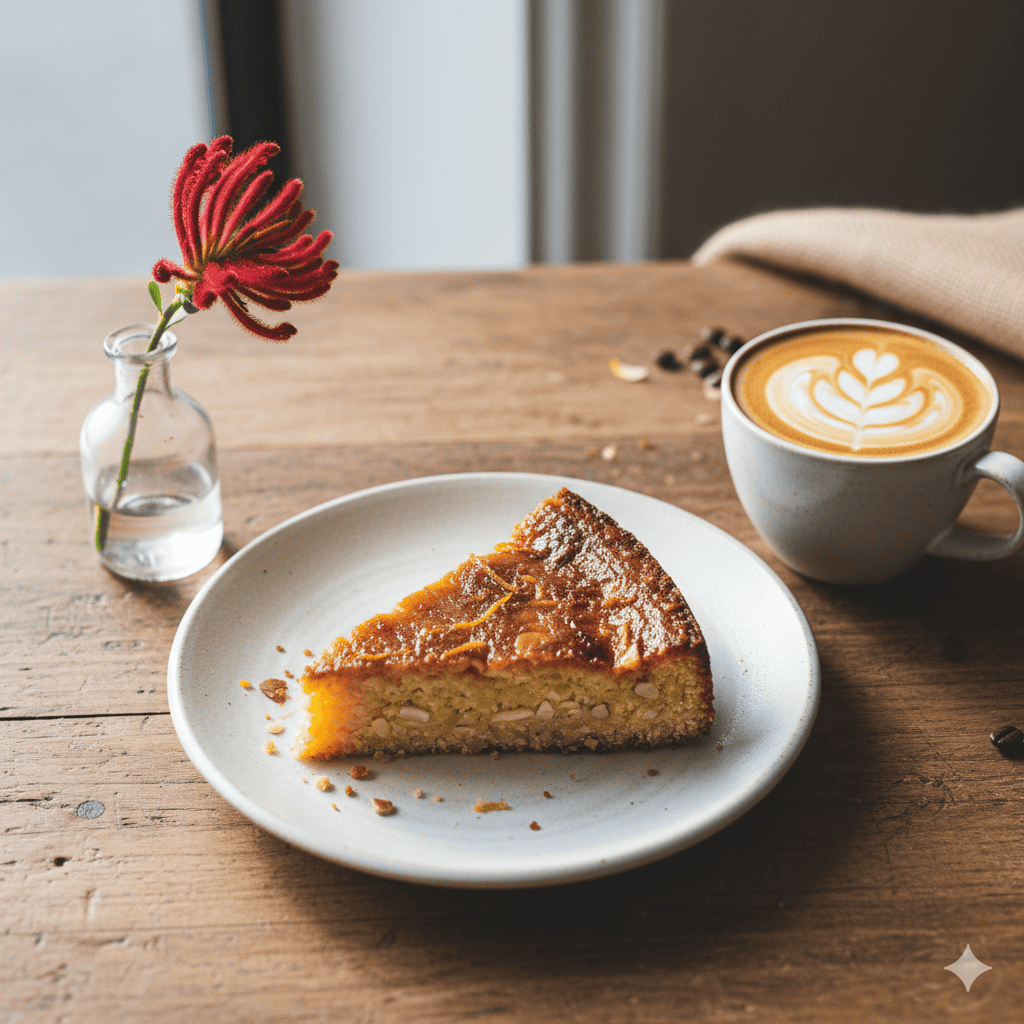 A slice of almond cake on a white plate beside a cappuccino with latte art and a red native Australian flower in a small glass vase served at one of gluten free cafes Margaret River