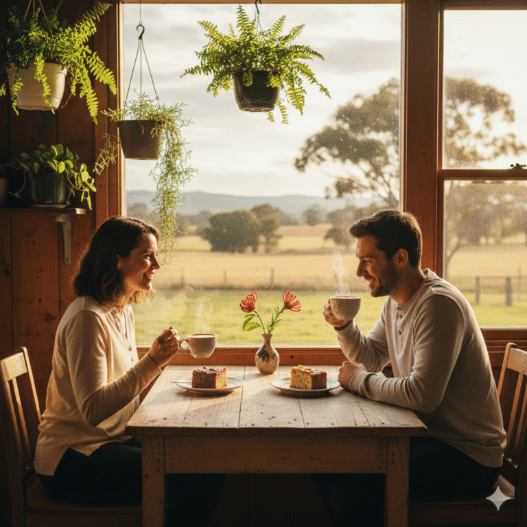 A smiling couple enjoying coffee and gluten-free cake inside a cozy Margaret River café, with a scenic rural view through the window and warm afternoon sunlight filling the room. Hanging plants and wooden décor create a relaxed countryside atmosphere.
