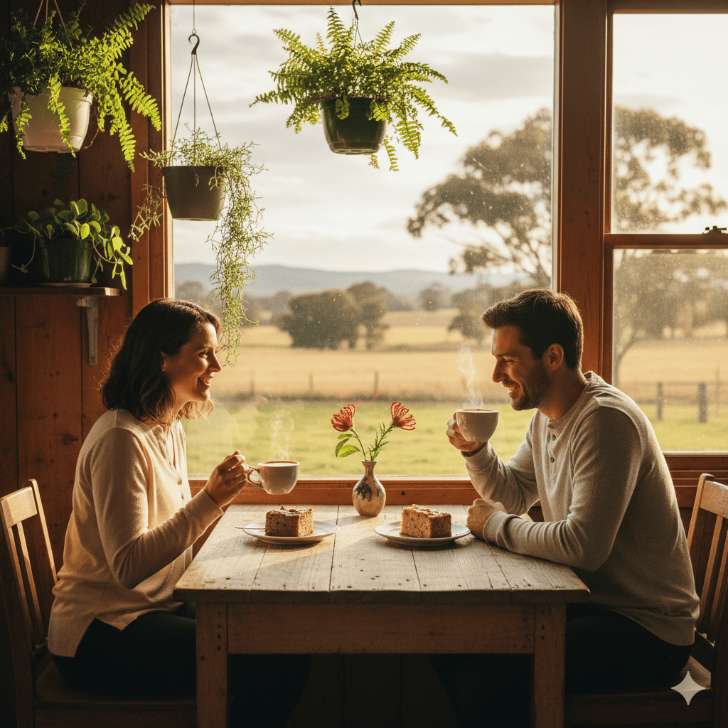 A smiling couple enjoying coffee and gluten-free cake inside a cozy Margaret River café, with a scenic rural view through the window and warm afternoon sunlight filling the room. Hanging plants and wooden décor create a relaxed countryside atmosphere.