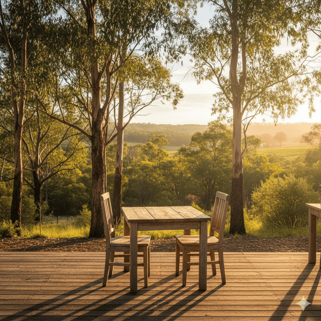Wooden café tables and chairs on a deck surrounded by tall gum trees at sunrise, overlooking a scenic Australian forest landscape.