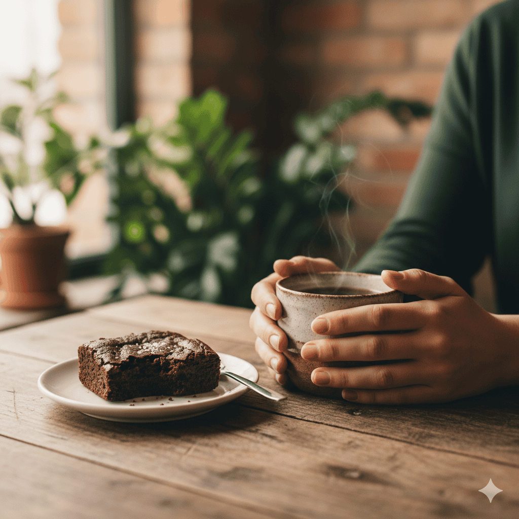 Hands holding a warm cup of coffee beside a rich chocolate brownie on a wooden café table with green plants in the background.