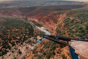 Aerial view of the winding Murchison River and deep red gorges in Kalbarri National Park.