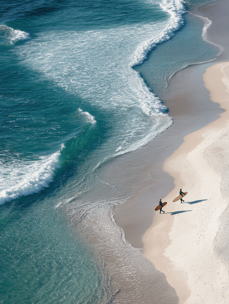 Two surfers walking along the sand at Best Beaches in Margaret River ..Gnarabup Beach with clear blue waves rolling in. 