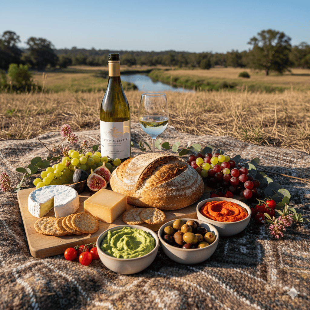 A picnic setup in the Margaret River countryside featuring a bottle of white wine, fresh grapes, olives, cheese, dips, and crusty bread on a blanket beside a peaceful river on a sunny day.