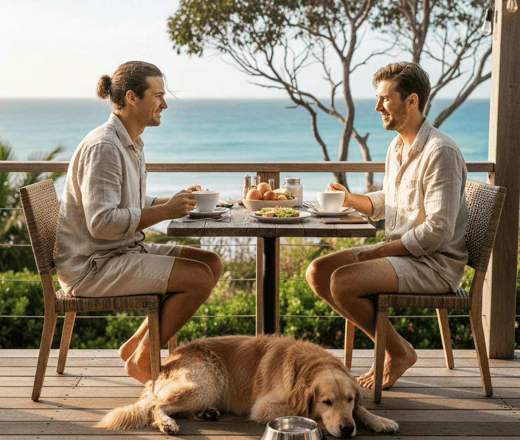 Dog-friendly oceanfront café in Margaret River where two travellers enjoy coffee and breakfast while their golden retriever relaxes at a pet-friendly café.