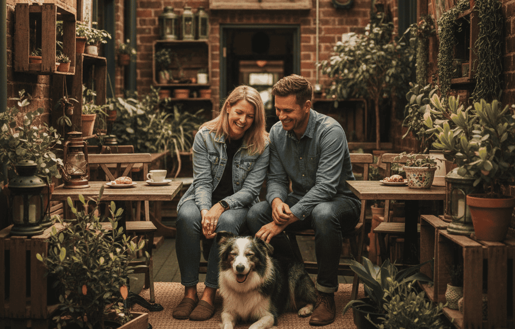 Dog-friendly outdoor courtyard café in Margaret River where a couple enjoys breakfast with their border collie at one of the region’s top pet-friendly cafés.