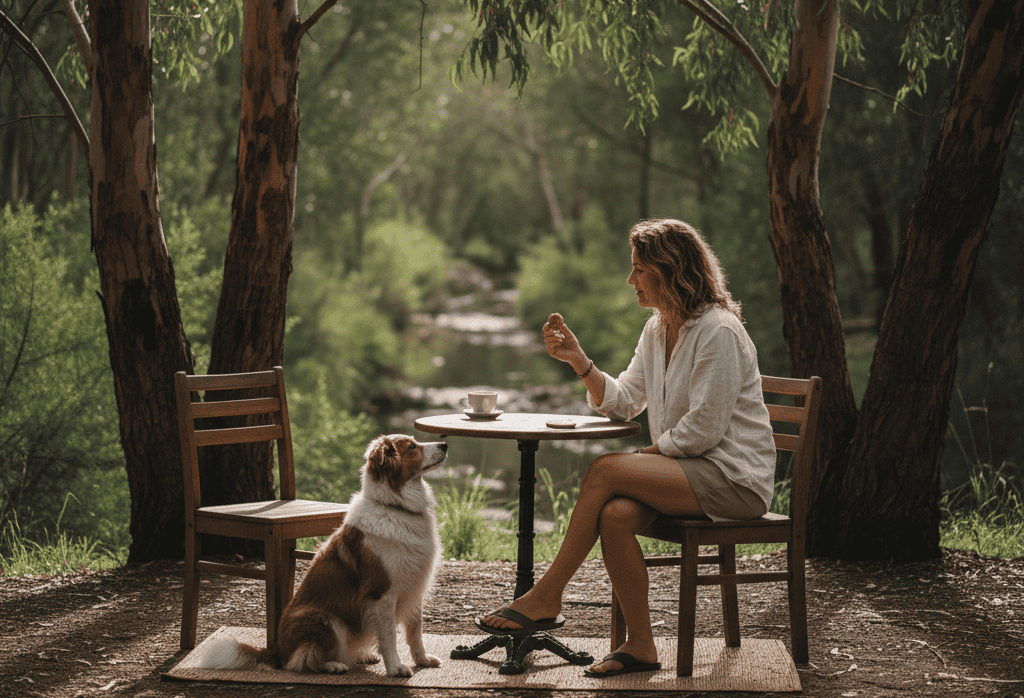 Outdoor pet-friendly café in Margaret River where a woman shares a quiet breakfast moment with her dog beside a shaded riverside bush setting.