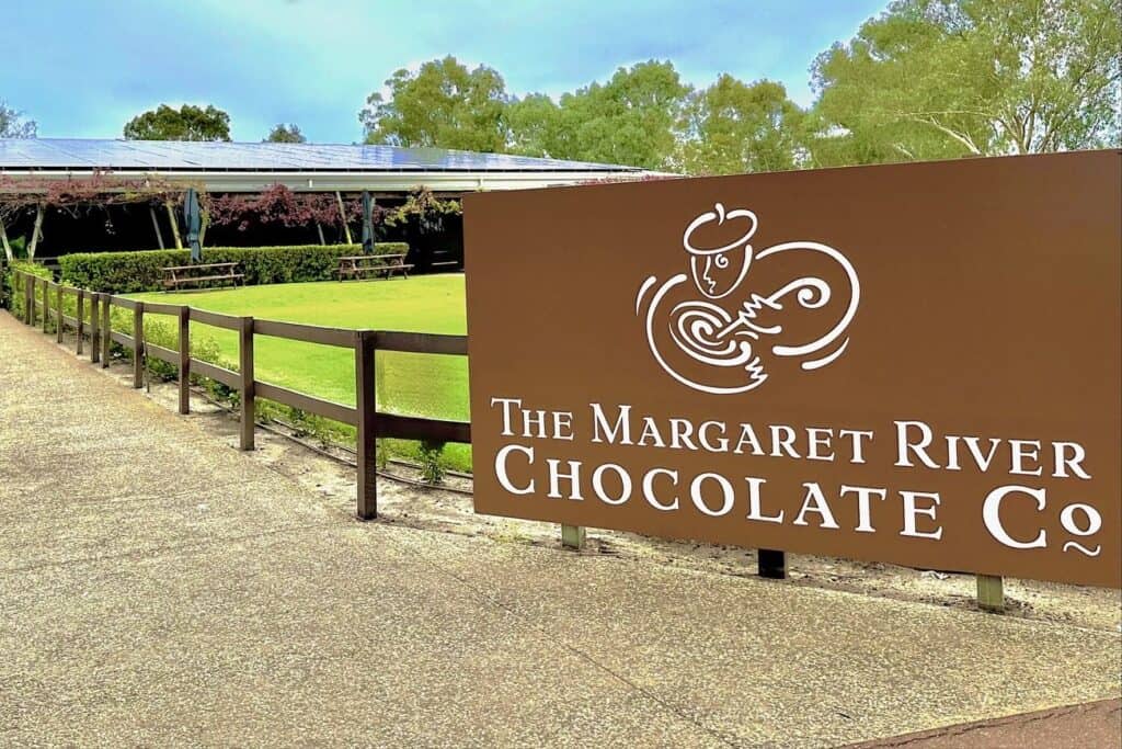 Entrance sign and grounds of the Margaret River Chocolate Company in Metricup Western Australia