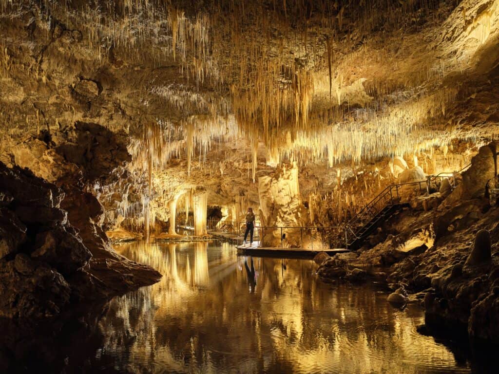Lake Cave in the Margaret River region featuring crystal reflections, underground water and delicate limestone formations.